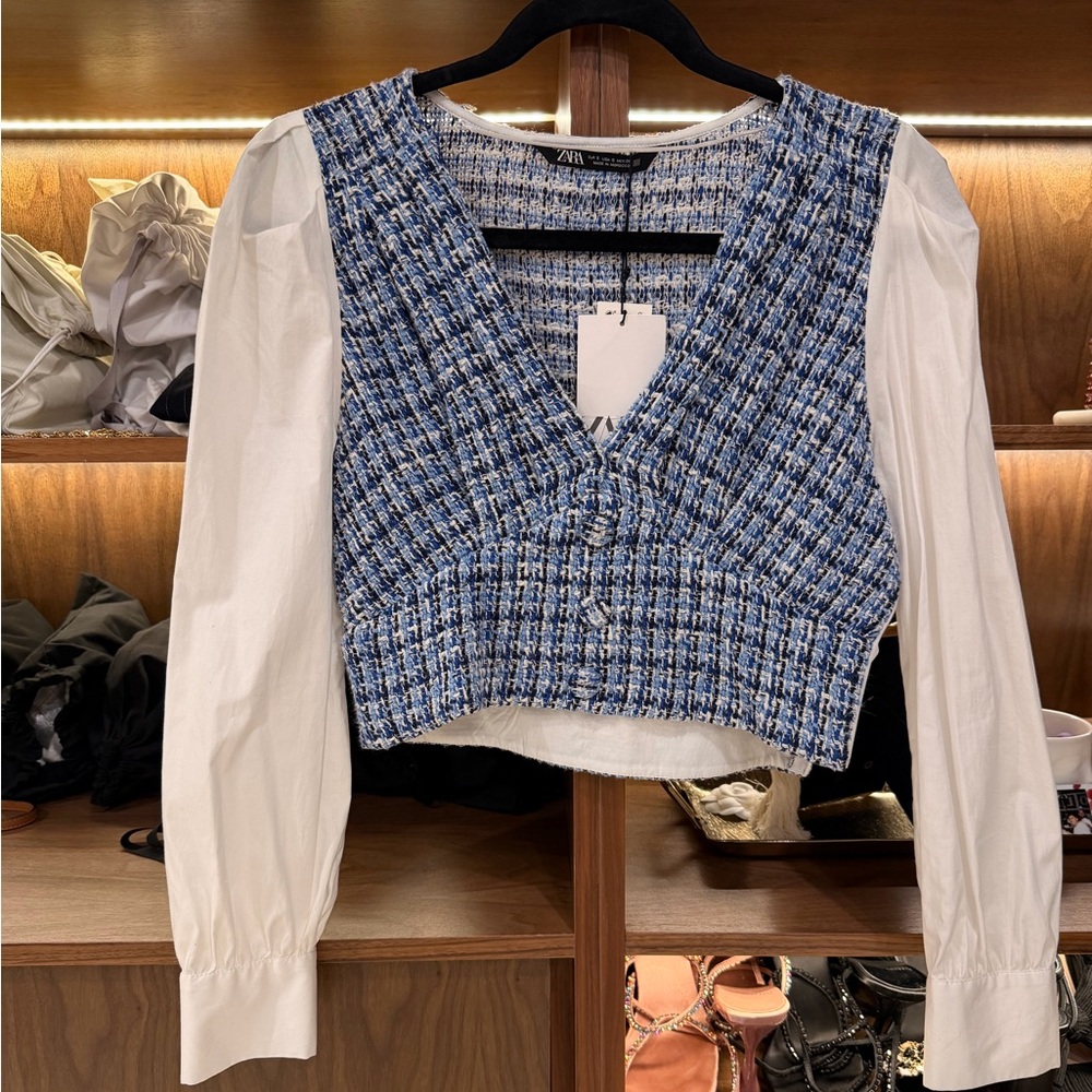 NWT Zara Blue and White Tweed Blouse